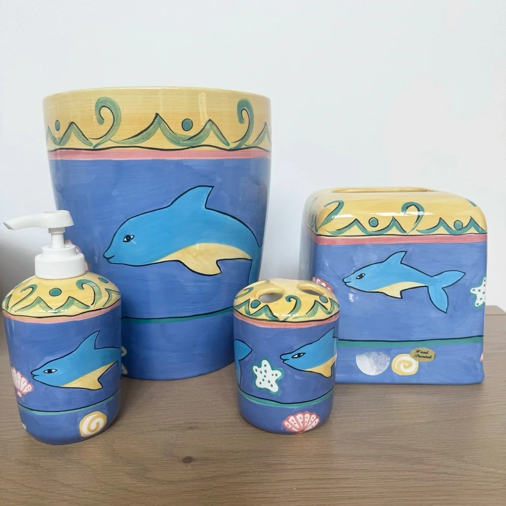 NEW 90’s Bathroom Ceramic Decor - Blue and Yellow Dolphin Bathroom Set